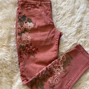 Dusty Rose Embroidered Skinny Jeans